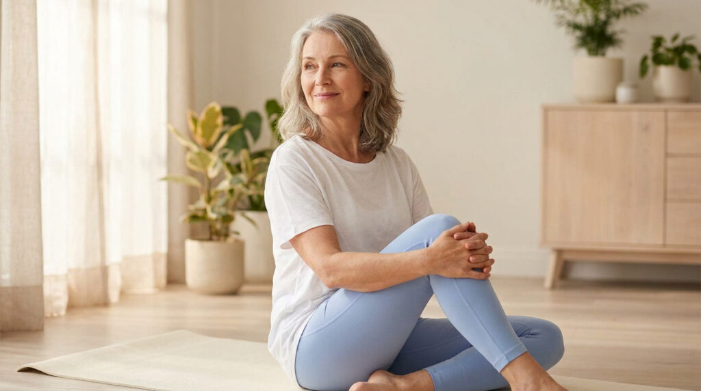 Une femme âgée aux cheveux gris assise sur un tapis de yoga dans un intérieur lumineux, pratiquant des exercices.