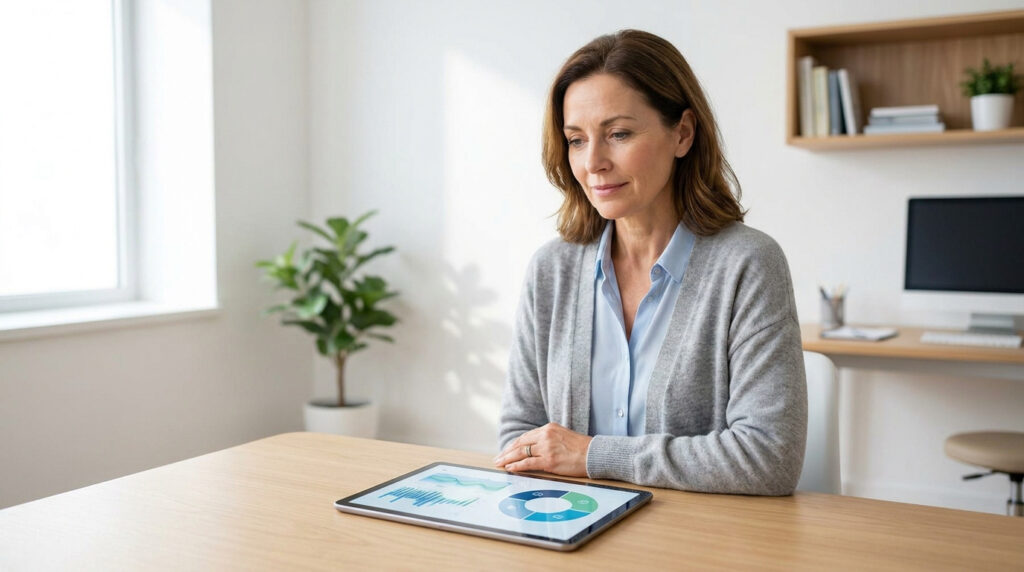 Une femme assise à un bureau, consultant des graphiques médicaux sur une tablette numérique.