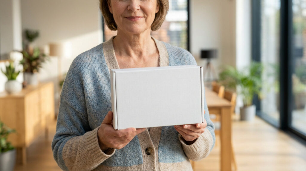 Une femme mature tient une boîte blanche vierge dans son salon lumineux pour illustrer le dépistage colorectal.