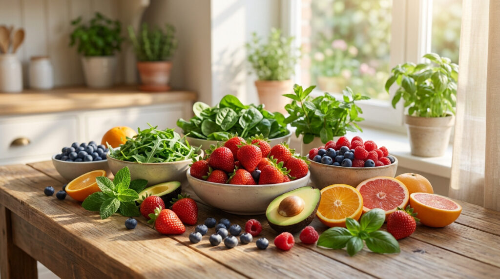 Bol rempli de fraises fraîches, baies, avocat et légumes verts sur une table en bois dans une cuisine ensoleillée.