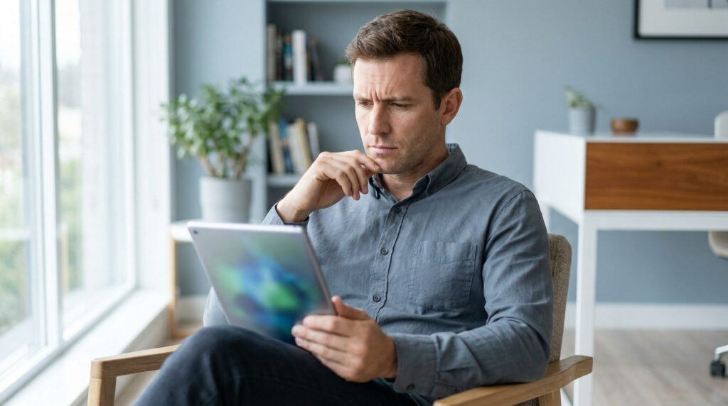 Un homme d'âge moyen à l'air préoccupé regarde une tablette numérique tout en étant assis dans un fauteuil.
