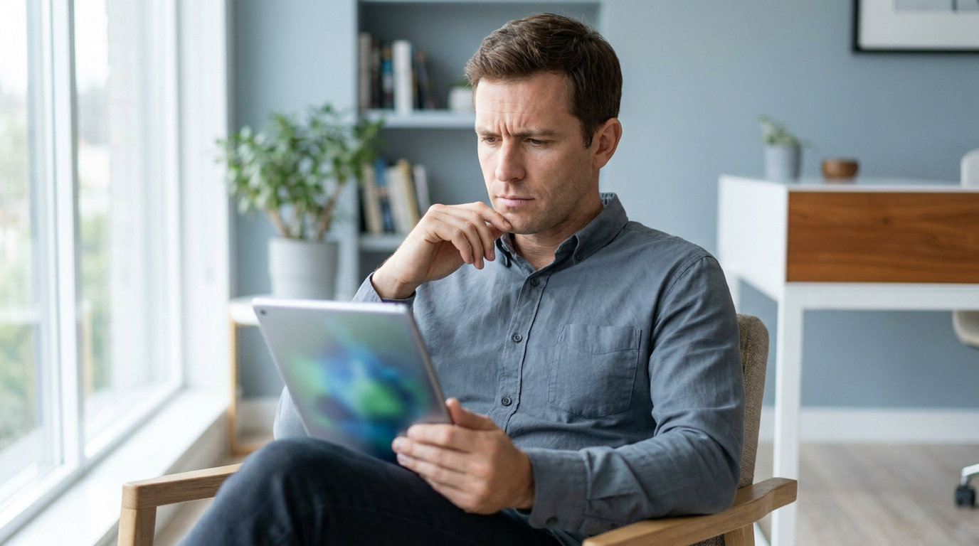 Un homme d'âge moyen à l'air préoccupé regarde une tablette numérique tout en étant assis dans un fauteuil.