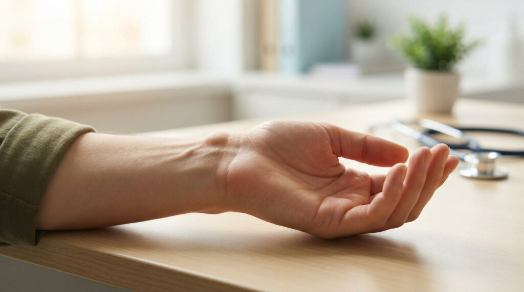 Main d'un patient posée sur une table de consultation avec une petite bosse visible au niveau du poignet.