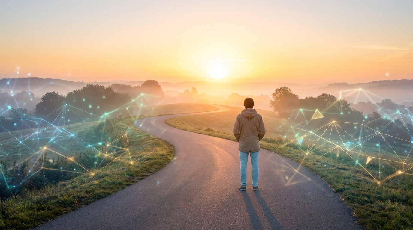 Une personne debout sur une route sinueuse face au lever du soleil avec des réseaux numériques superposés.
