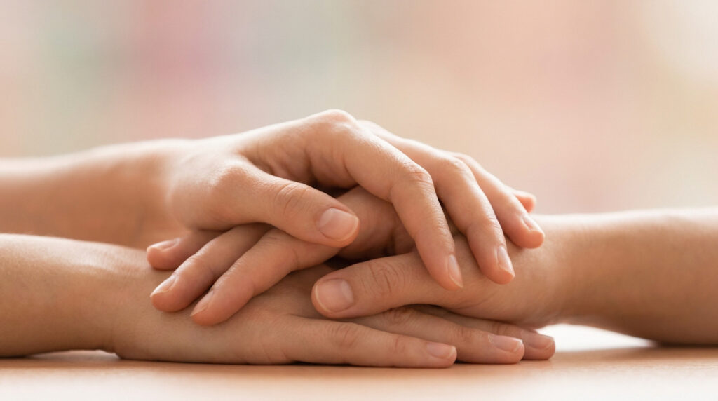 Deux mains se tenant l'une l'autre pour exprimer le réconfort et le soutien émotionnel.