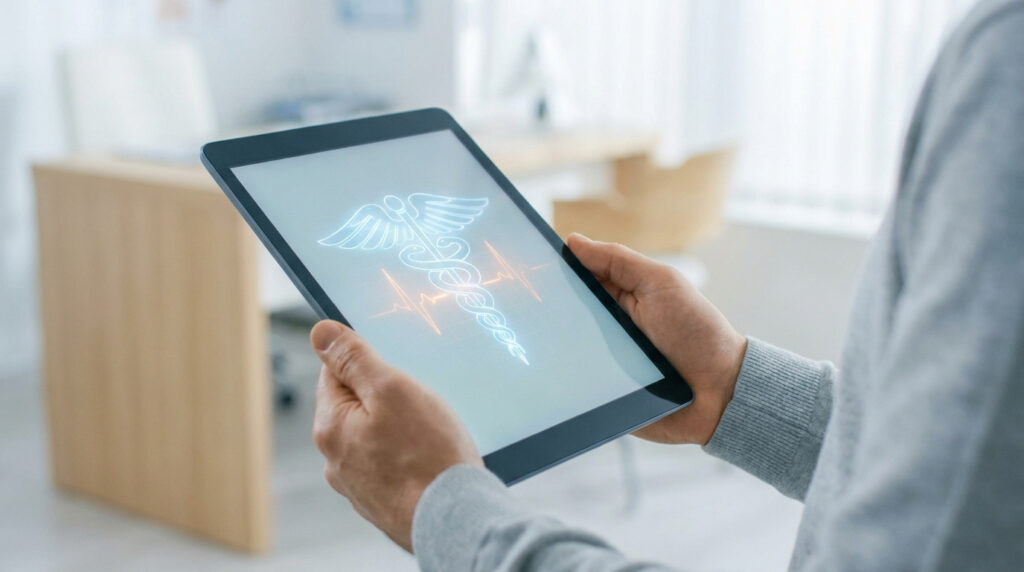 Une personne tient une tablette affichant un symbole médical de caducée avec un tracé d'électrocardiogramme.