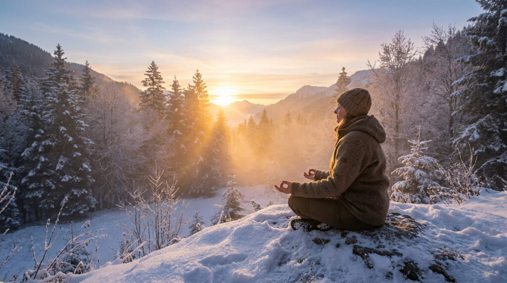 Une personne assise en méditation sur un rocher enneigé face au lever du soleil dans une forêt de sapins.