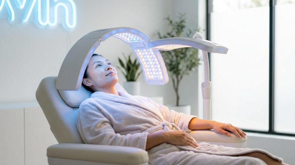 Une femme en peignoir reçoit un soin du visage sous une lampe LED de photothérapie dans un spa moderne.