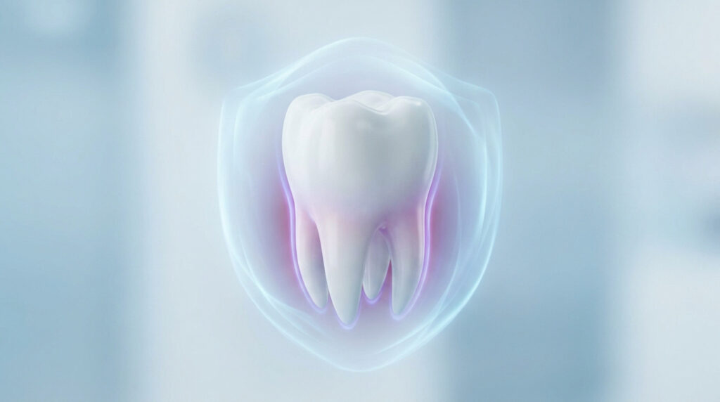 Une dent saine protégée par un bouclier holographique bleu sur fond clair.