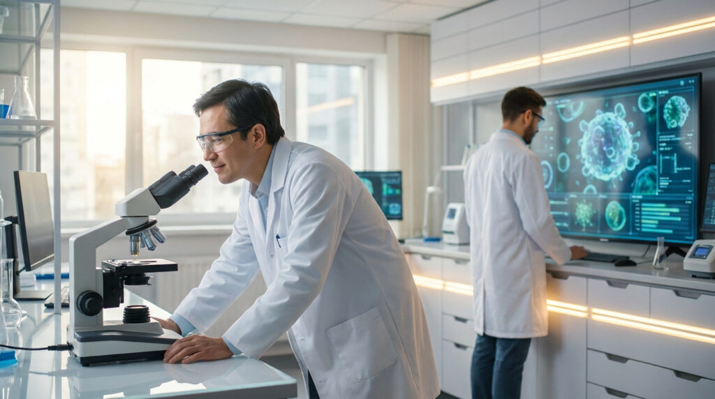 Deux chercheurs en blouse blanche travaillant dans un laboratoire moderne sur l'analyse cellulaire du lymphome.