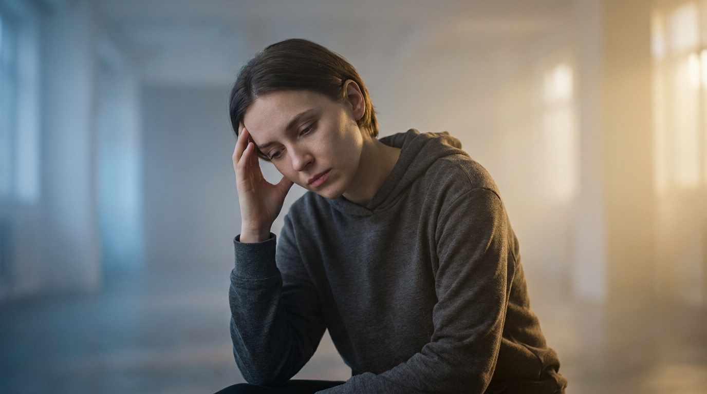 Une jeune femme en sweat-shirt gris, l'air triste et fatigué, tenant sa tête de la main dans un espace sobre.