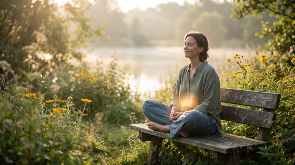 Une femme médite sereinement sur un banc en bois au bord d'un étang, entourée de fleurs sauvages sous une lumière dorée.