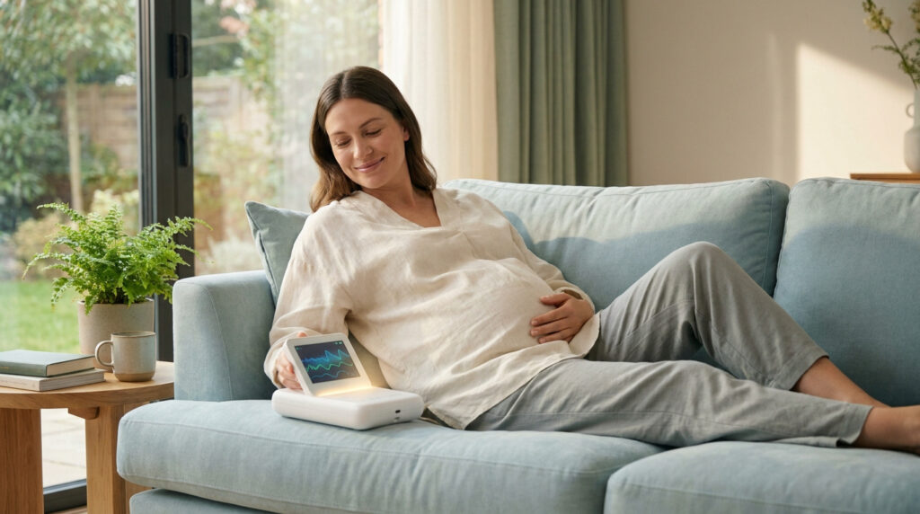 Une femme enceinte souriante utilise un appareil de monitoring fœtal sur un canapé lumineux.