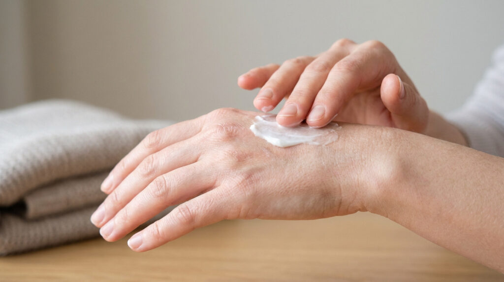 Une personne applique une crème blanche sur le dos de sa main pour soulager une irritation cutanée.
