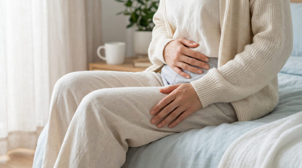 Une femme assise sur un lit, portant des vêtements confortables, la main posée sur son bas-ventre.