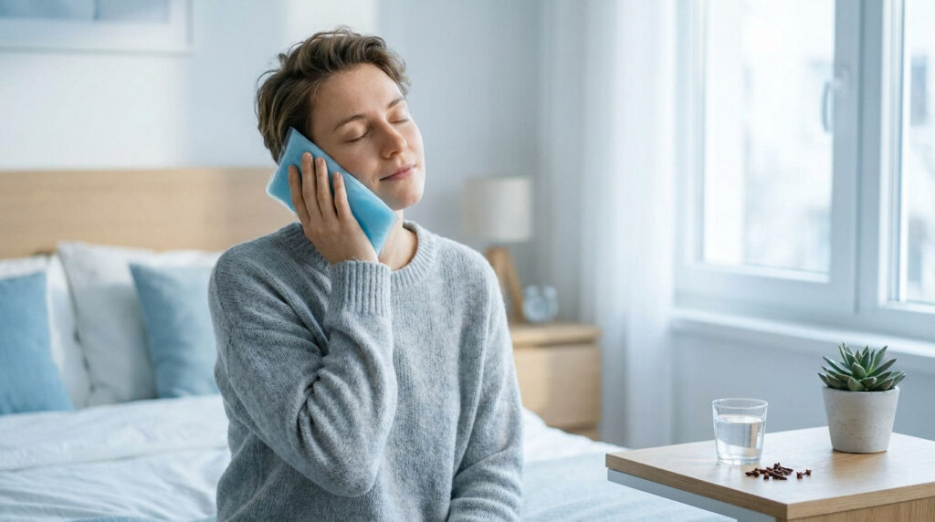 Une femme soulage une douleur dentaire en appliquant une compresse de gel bleue sur sa joue dans sa chambre.