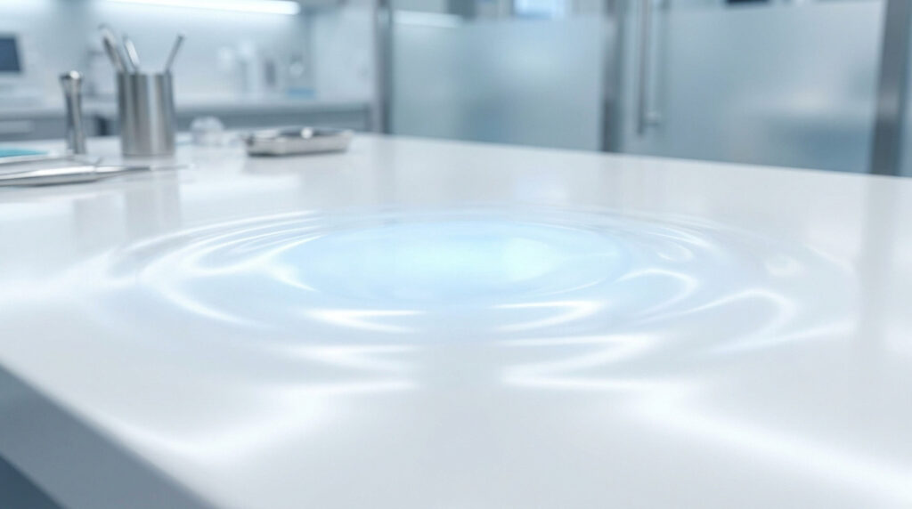 Ondulation lumineuse abstraite sur une table de consultation médicale stérile avec des instruments chirurgicaux en arrière-plan.