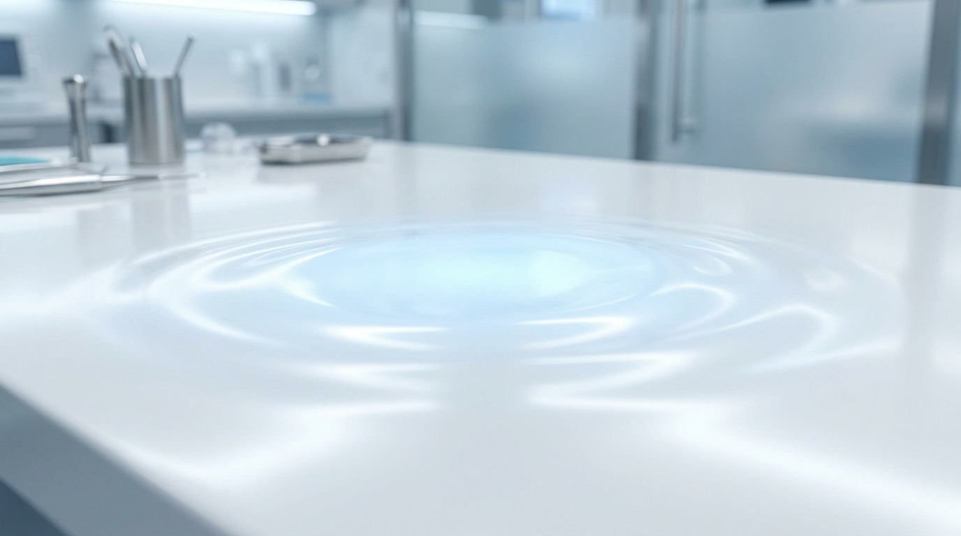 Ondulation lumineuse abstraite sur une table de consultation médicale stérile avec des instruments chirurgicaux en arrière-plan.