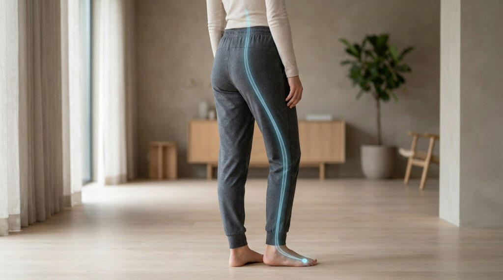 Schéma anatomique montrant le trajet douloureux de la sciatique L5 le long de la jambe jusqu'au pied.