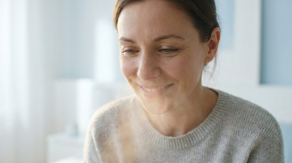 Une femme souriante utilisant un spray hydratant pour apaiser la sensation de bouche sèche.