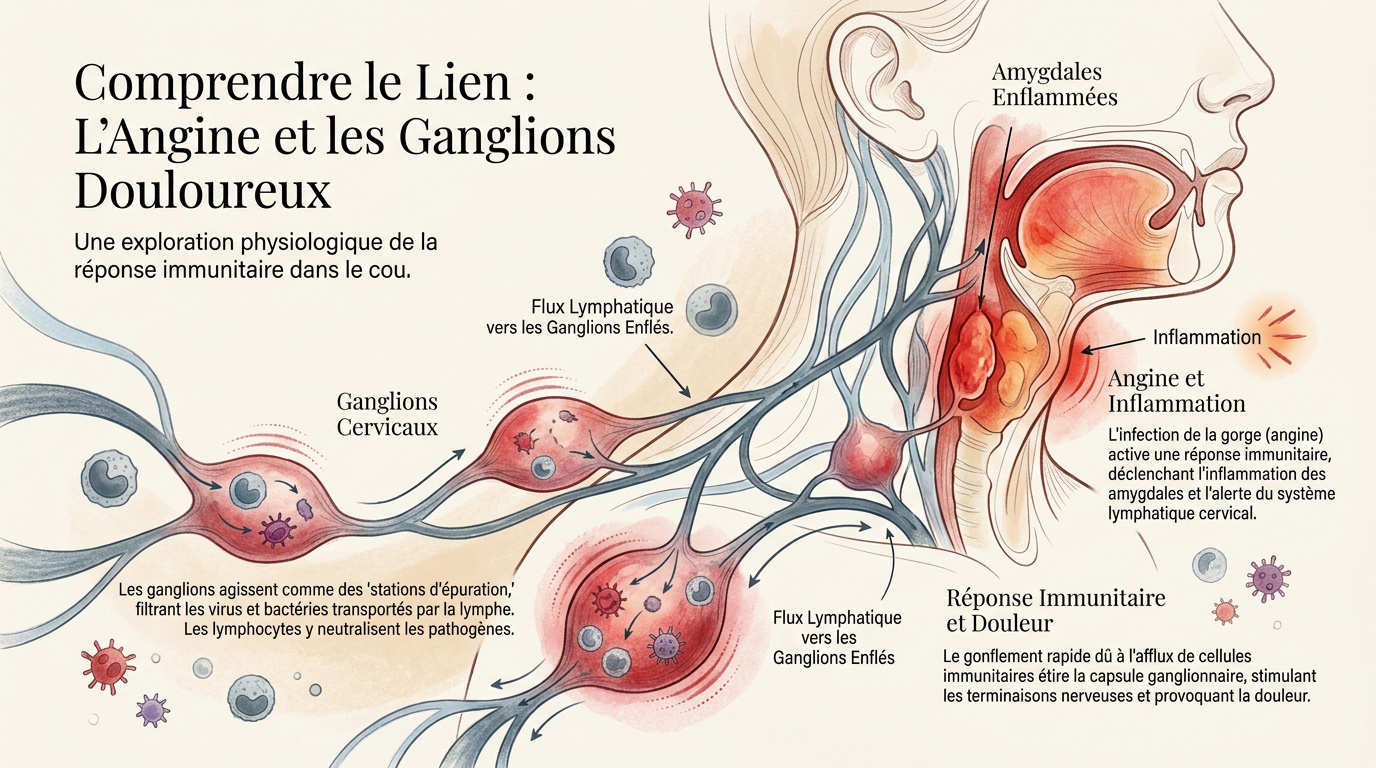 Schéma des ganglions lymphatiques cervicaux enflammés lors d'une angine