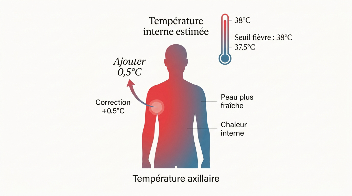 Schéma explicatif de la mesure de température axillaire et correction thermique