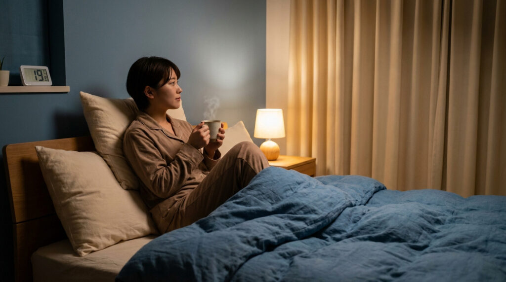 Une femme assise dans son lit la nuit, tenant une tasse fumante pour apaiser sa toux.