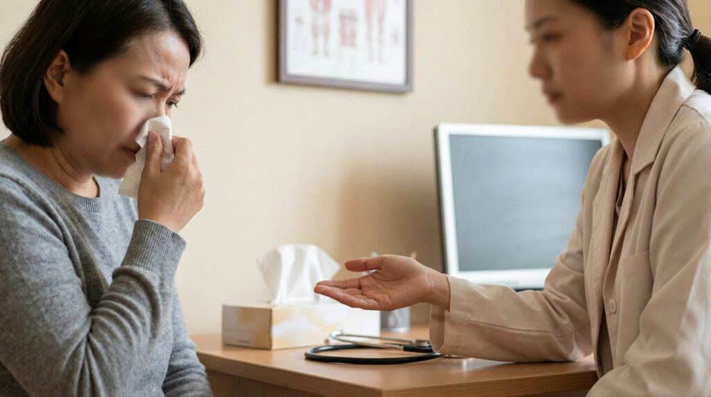 Une patiente enrhumée consulte une médecin dans un cabinet médical.
