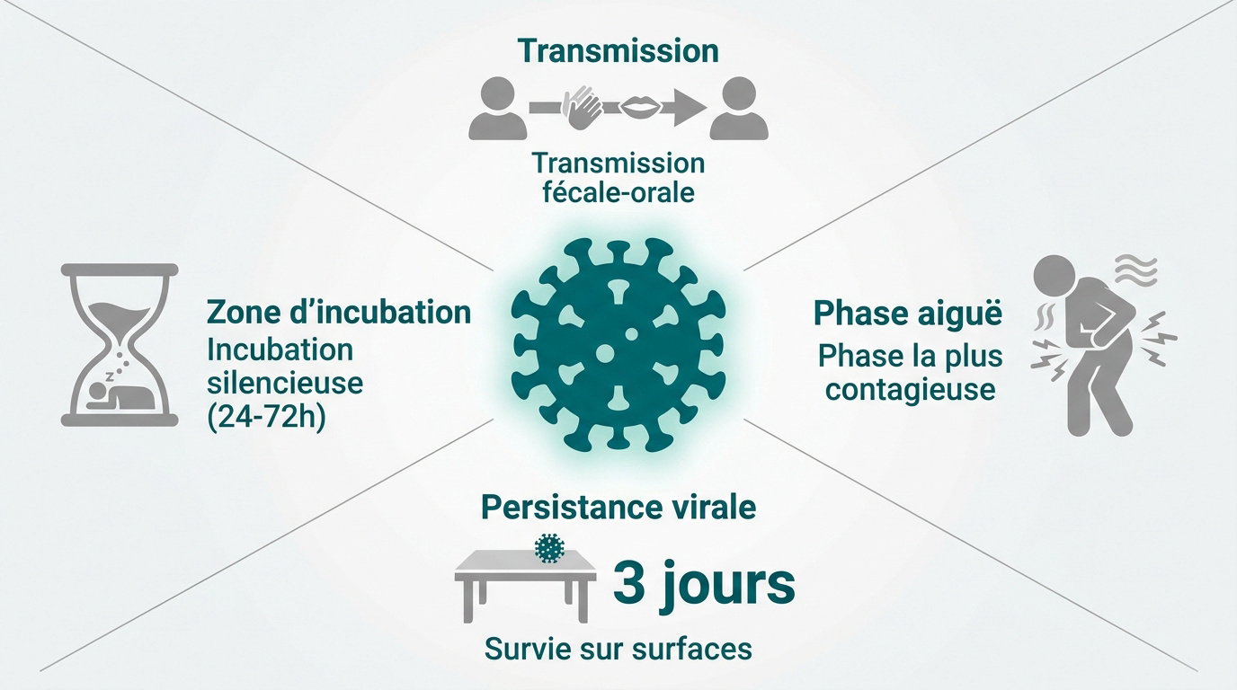 Infographie détaillant les phases d'incubation et de transmission de la gastro-entérite virale