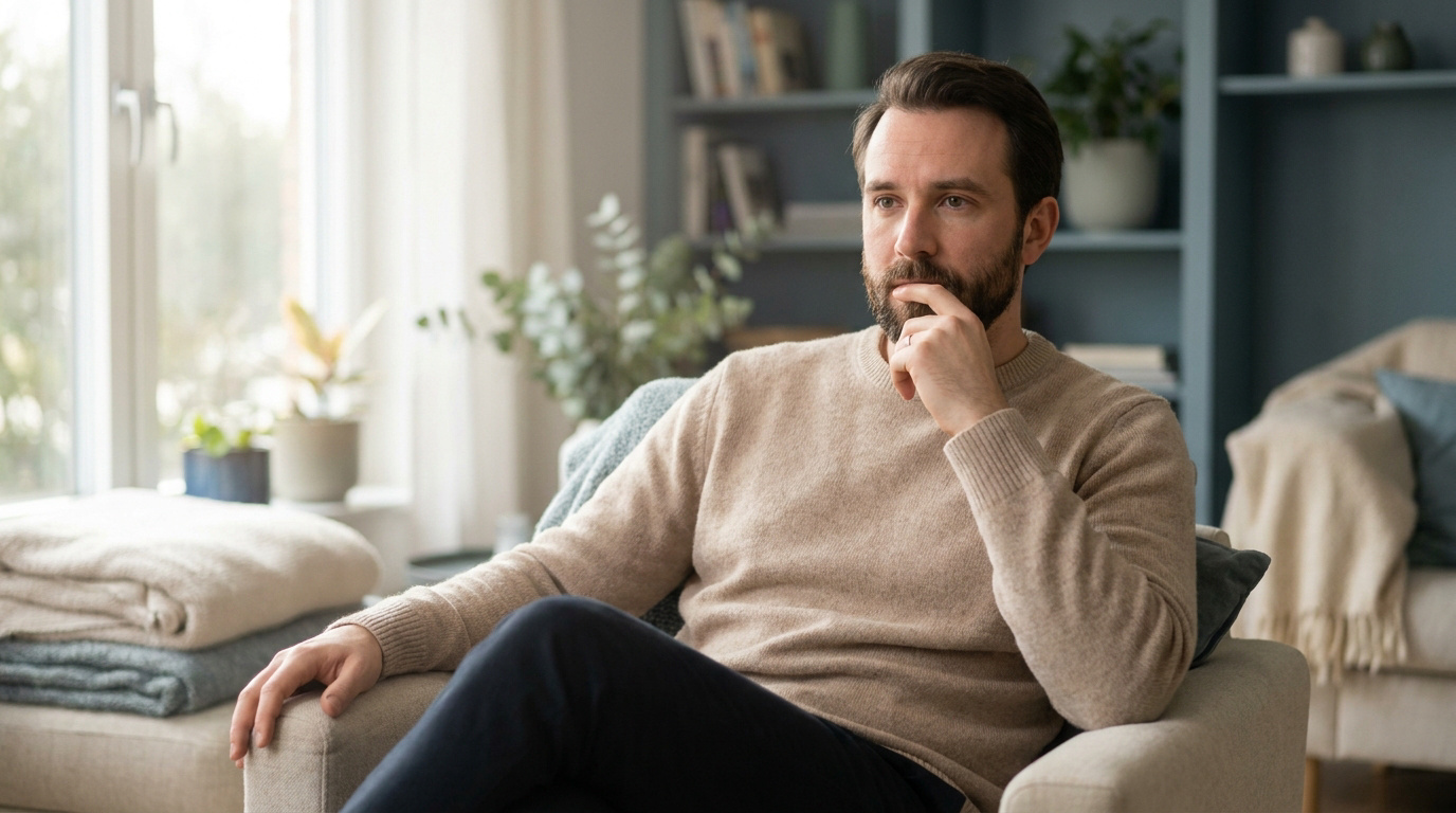 Un homme barbu portant un pull beige, assis dans un fauteuil, l'air pensif avec la main sur le menton.