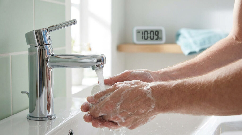 Une personne se lave les mains soigneusement avec du savon sous un robinet dans une salle de bain lumineuse.