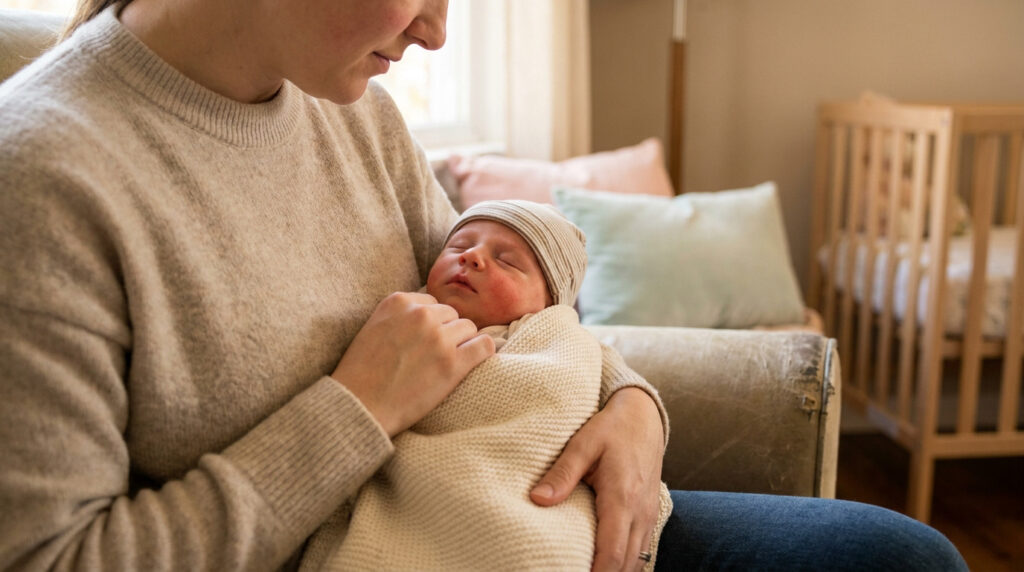 Une mère tient tendrement son nouveau-né endormi dans ses bras, enveloppé dans une couverture en maille.