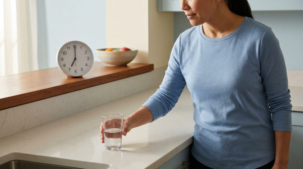 Une femme debout dans une cuisine devant un verre d'eau et une horloge indiquant sept heures.