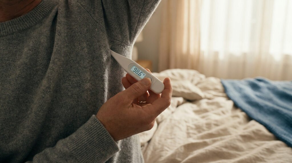 Gros plan sur une personne utilisant un thermomètre numérique sous son bras dans une chambre à coucher.