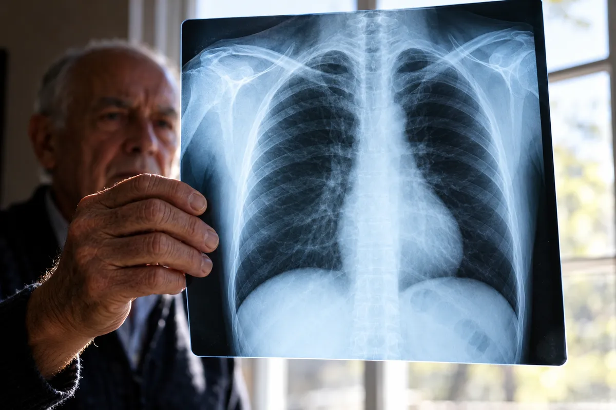La main d'un homme âgé tient une radiographie du thorax à contre-jour devant une fenêtre.