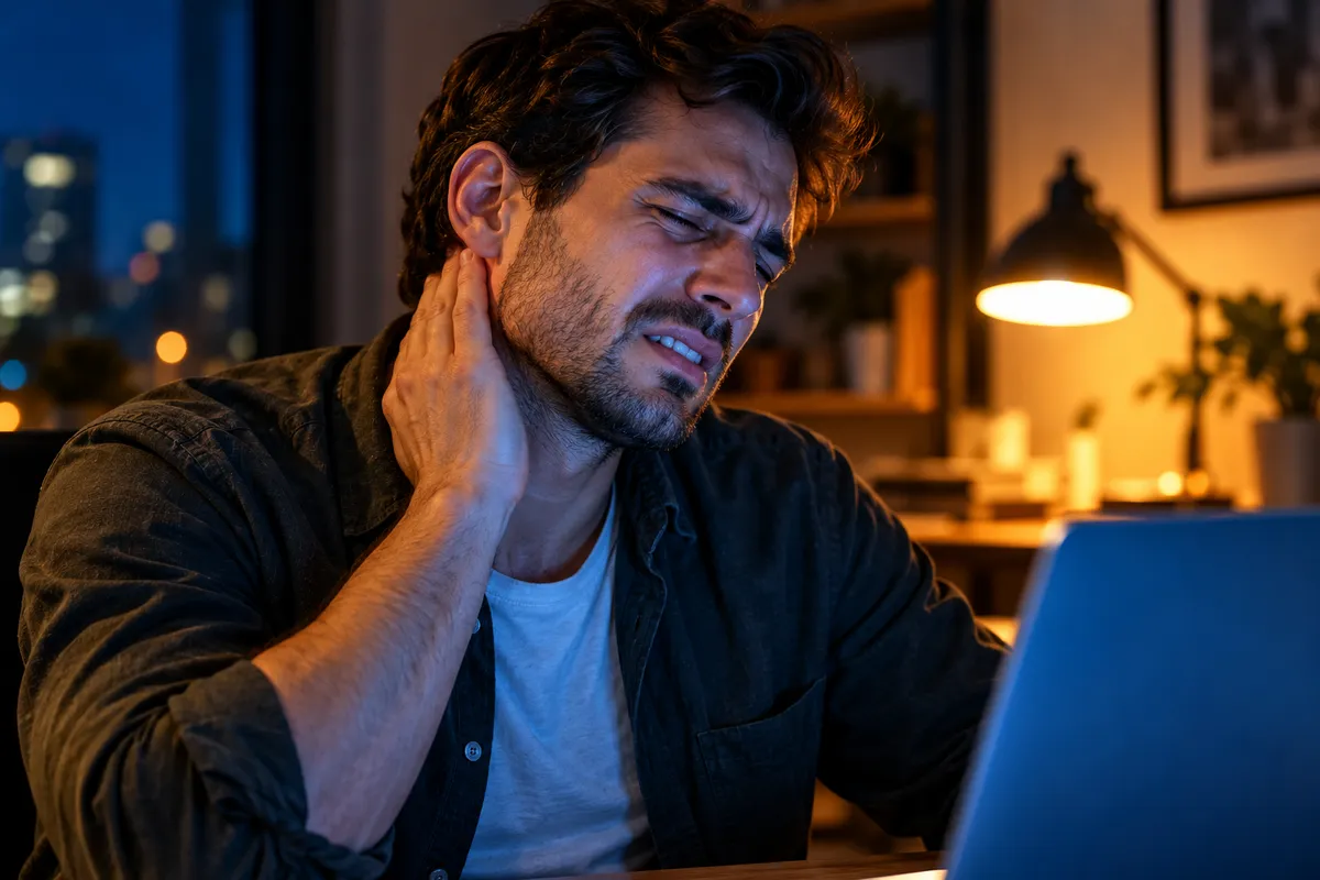 La nuit devant son ordinateur, un homme d'une trentaine d'années grimace en se tenant le côté du cou, éclairé par la lampe de bureau et la lumière bleue de l'écran.