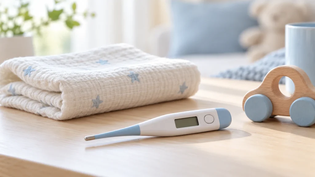 Illustration générée : thermomètre éteint, linge plié et jouet en bois dans un décor de petite enfance.