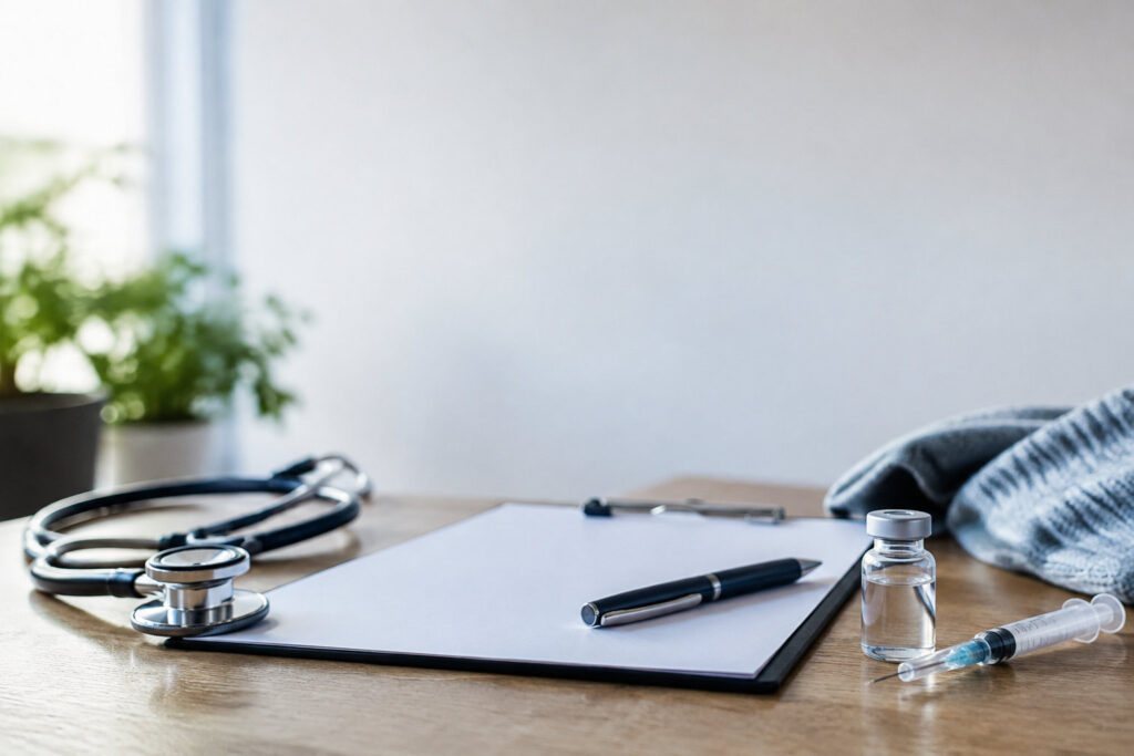 Un stéthoscope, un flacon de vaccin et une seringue posés sur un bureau avec un porte-bloc vide.
