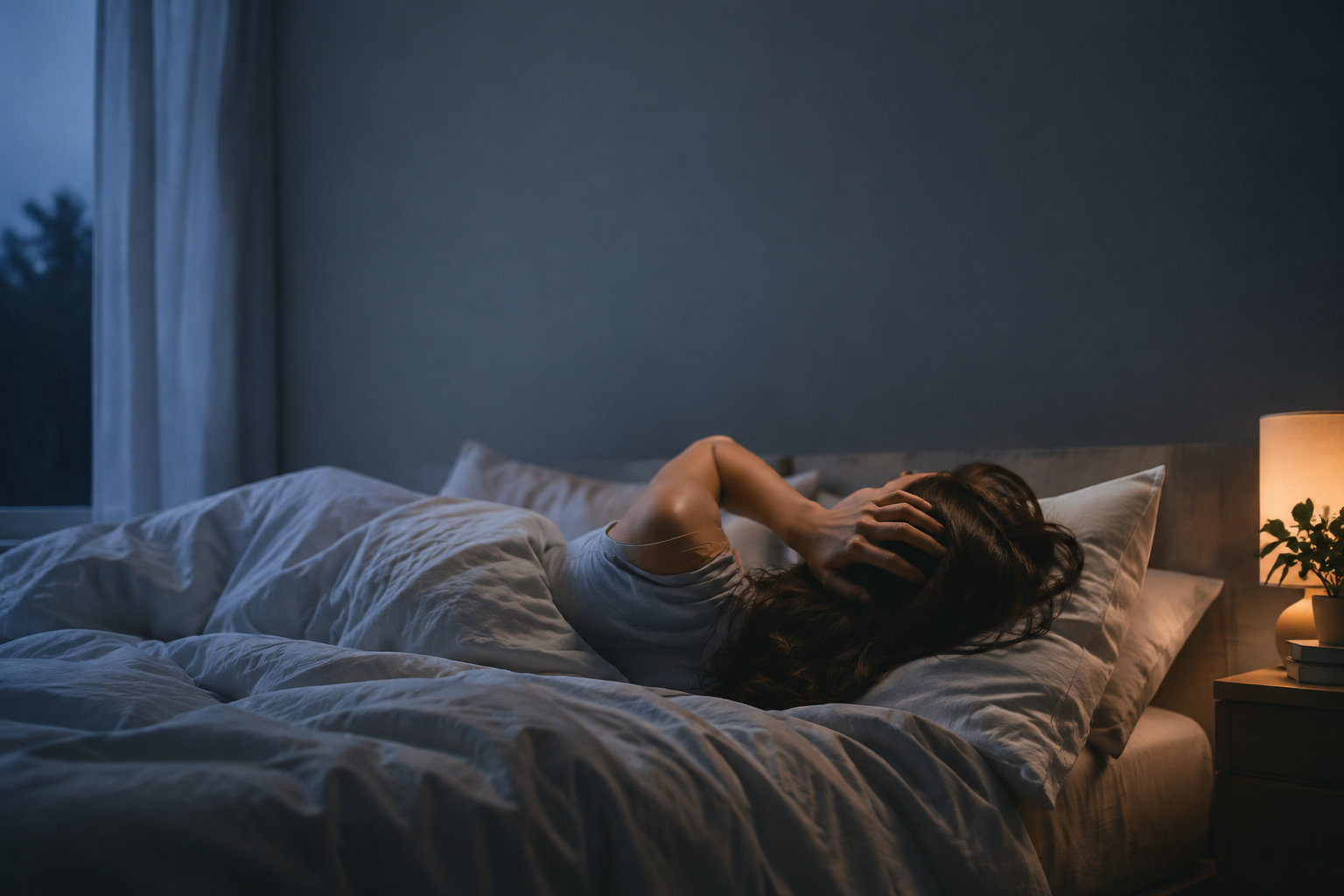 Une femme allongée dans son lit dans l'obscurité, tenant sa tête en signe de douleur ou de choc soudain.
