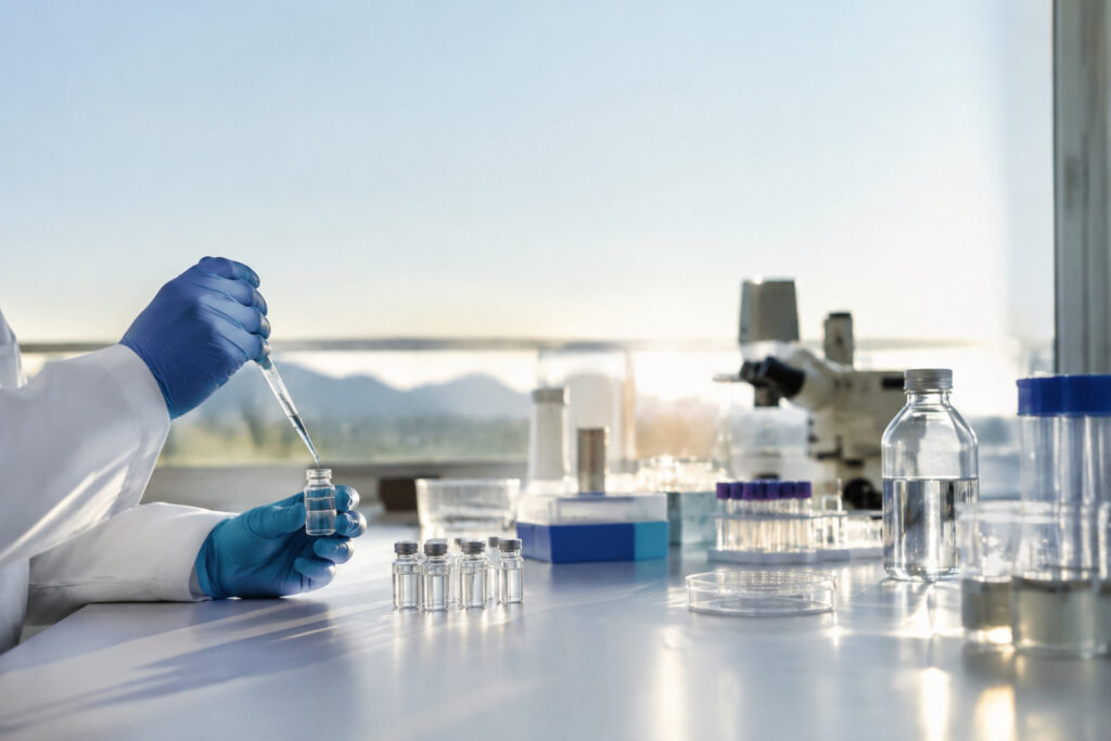 Un chercheur en blouse blanche manipule une pipette au-dessus d'un flacon dans un laboratoire baigné par la lumière.