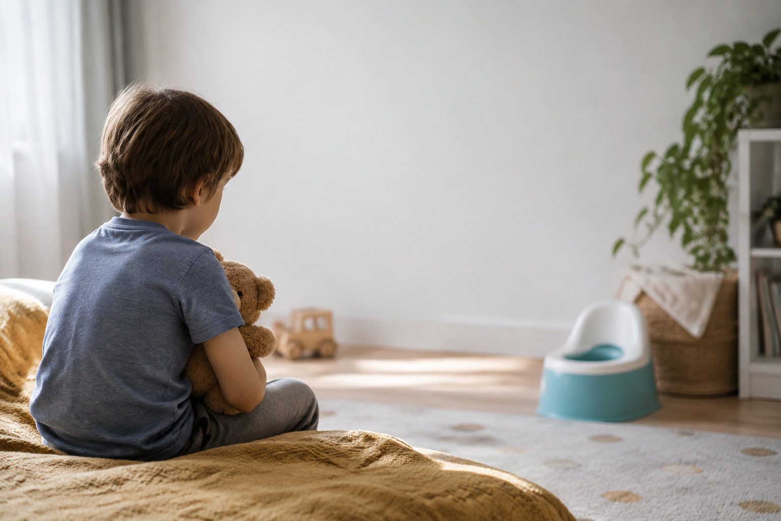 Un jeune garçon assis sur un lit, tenant un ours en peluche, regarde un pot de propreté posé au sol dans sa chambre.