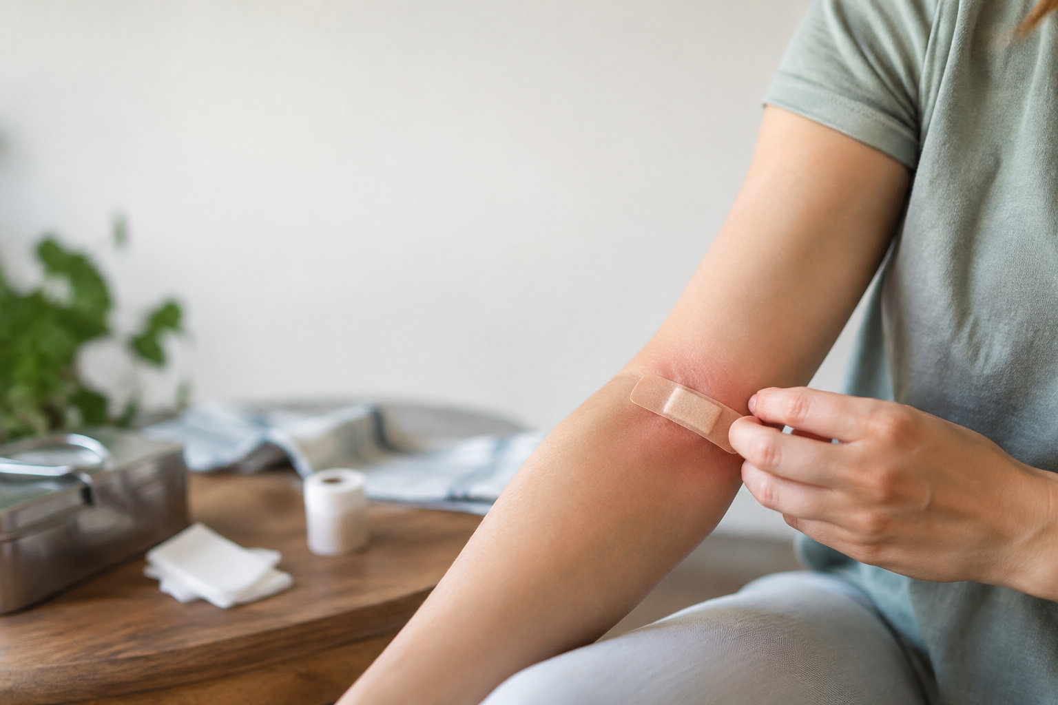 Gros plan sur un bras avec une zone rouge et irritée sous un pansement adhésif, signe d'une réaction cutanée.