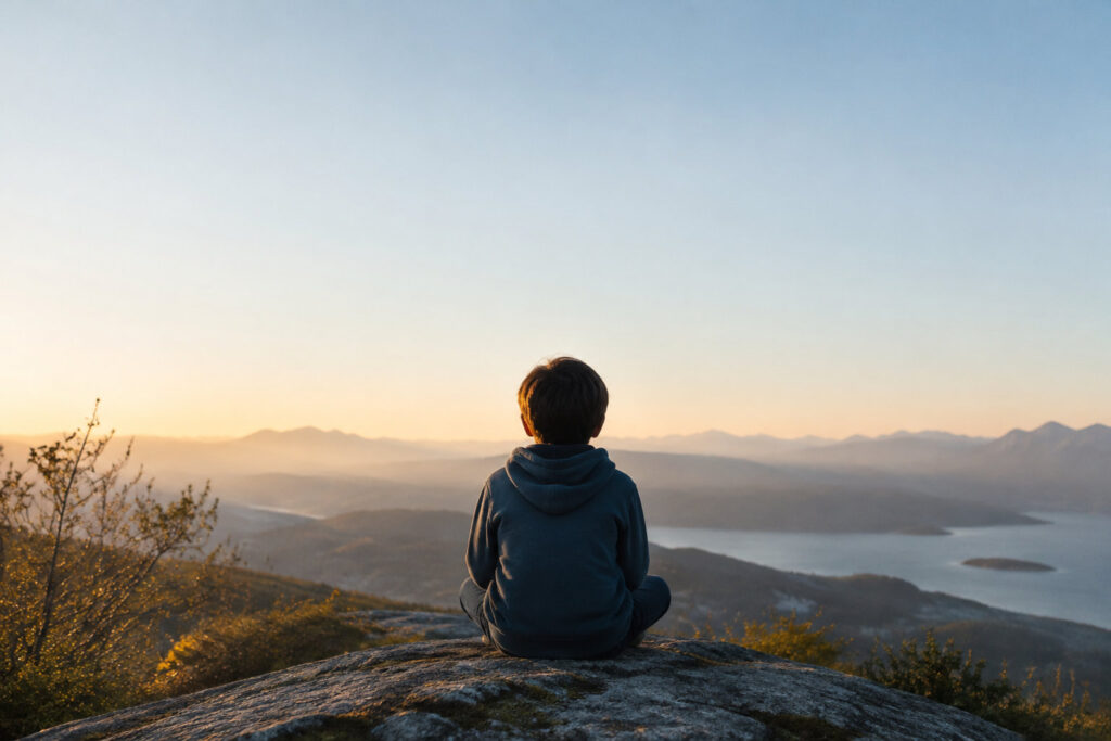 Un enfant vu de dos, assis en tailleur sur un rocher, observant un paysage montagneux au lever du soleil.