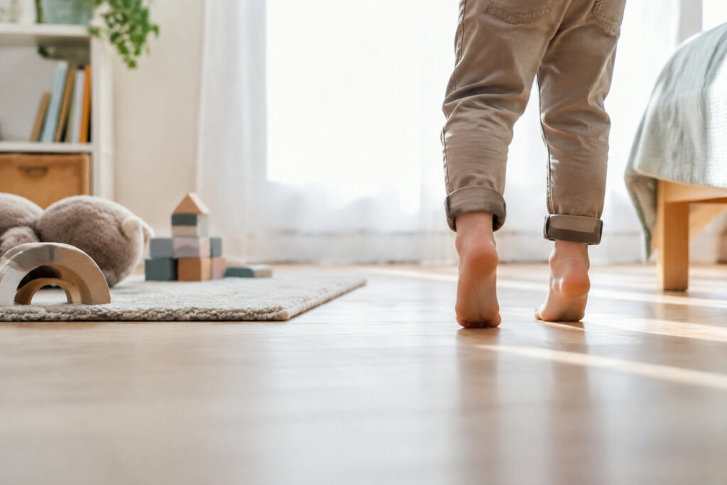 Gros plan sur les pieds nus d'un enfant marchant sur la pointe des pieds dans une chambre lumineuse.