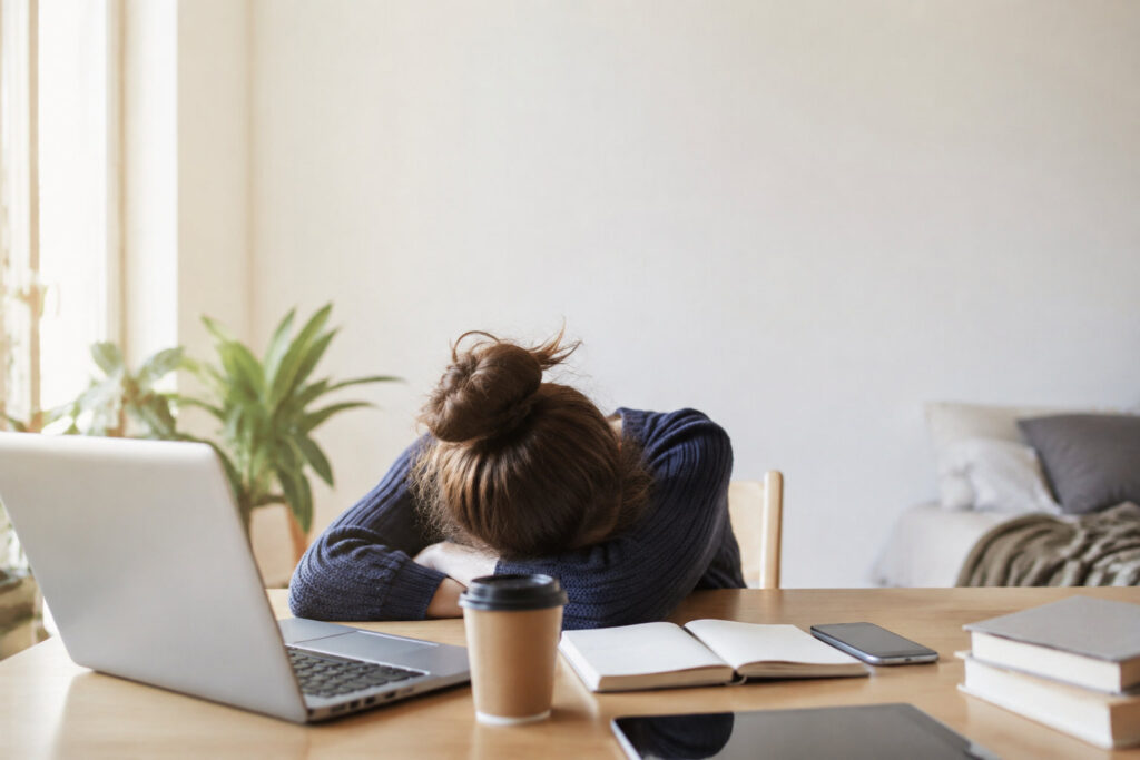 Une personne fatiguée reposant la tête sur son bureau devant un ordinateur portable.
