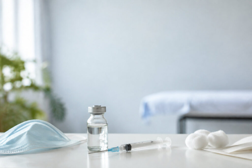 Flacon de vaccin, seringue et masque chirurgical sur une table dans un cabinet médical.