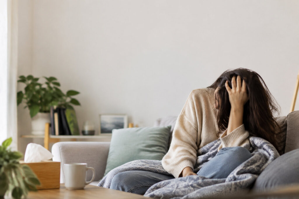 Une femme assise sur un canapé, l'air fatiguée, tenant sa tête dans sa main sous une couverture.