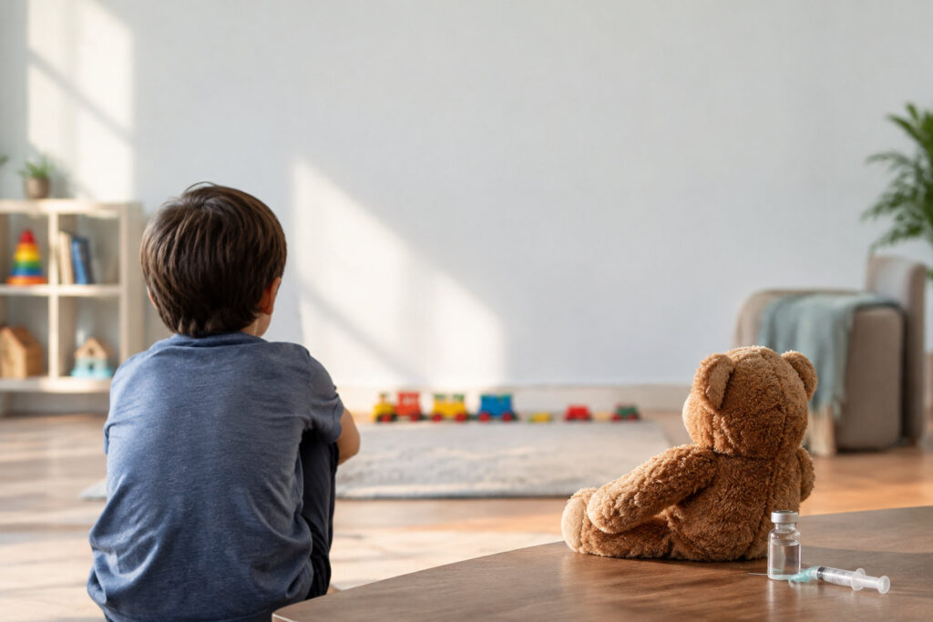 Un jeune garçon assis de dos dans une salle de jeu, avec un ours en peluche et une seringue médicale au premier plan.