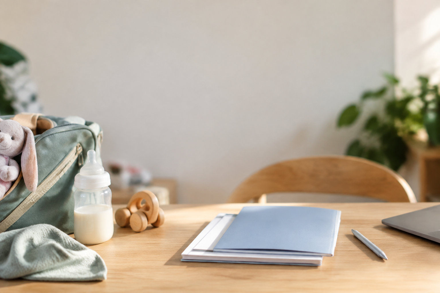 Un carnet de santé posé sur une table en bois avec un biberon, des jouets et un sac à langer en arrière-plan.