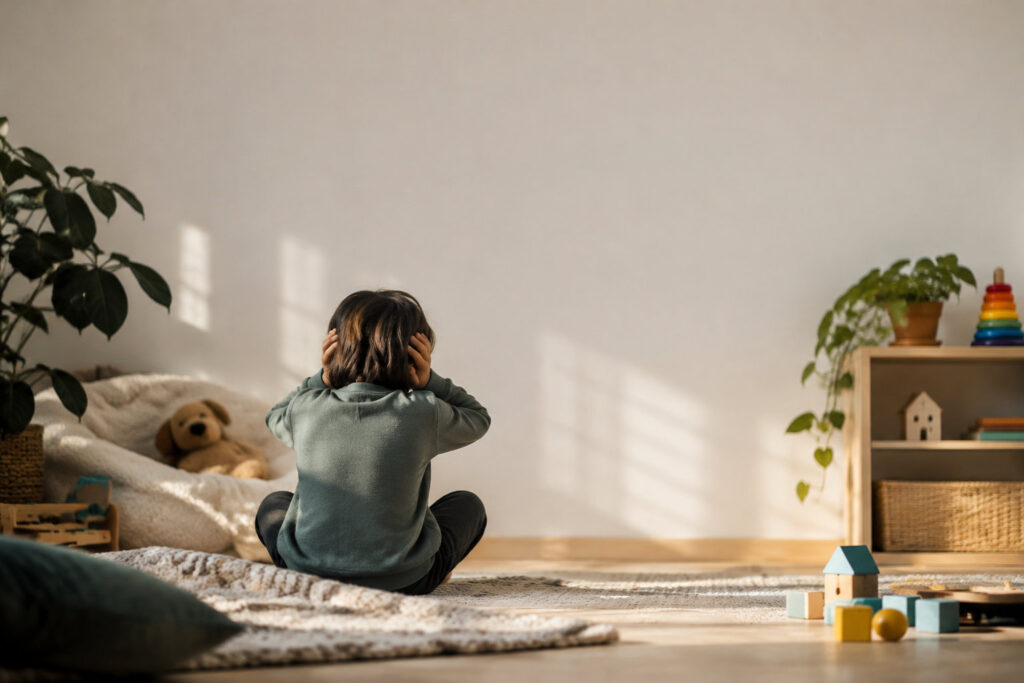 Enfant assis en tailleur, de dos, se couvrant les oreilles dans une chambre calme et lumineuse.